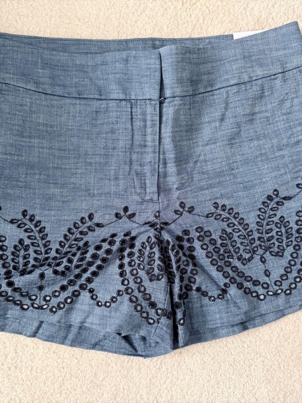 LOFT Chambray High Waist Shorts with Black Embroidery - Blue